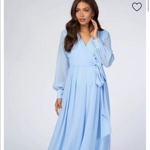 PINKBLUSH Light blue chiffon long sleeve maternity maxi dress